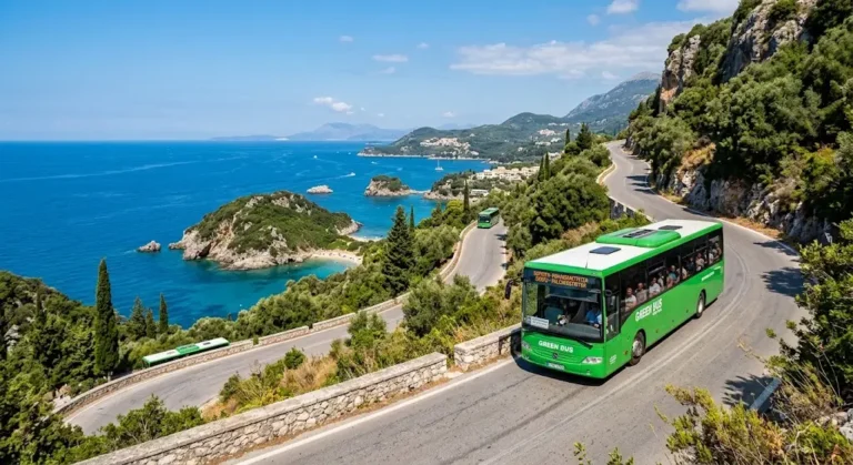 Reteaua de Autobuze in Corfu - Autobuz pe un drum de coasta in Corfu.