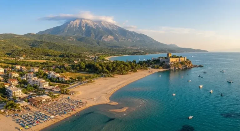 Top 10 Plaje din Riviera Olimpului - Plaja cu muntele Olimp in fundal.